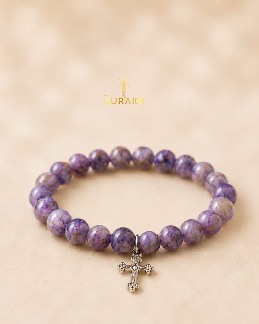 Purple Spotted Sacred Stone Cross Charm Bracelet