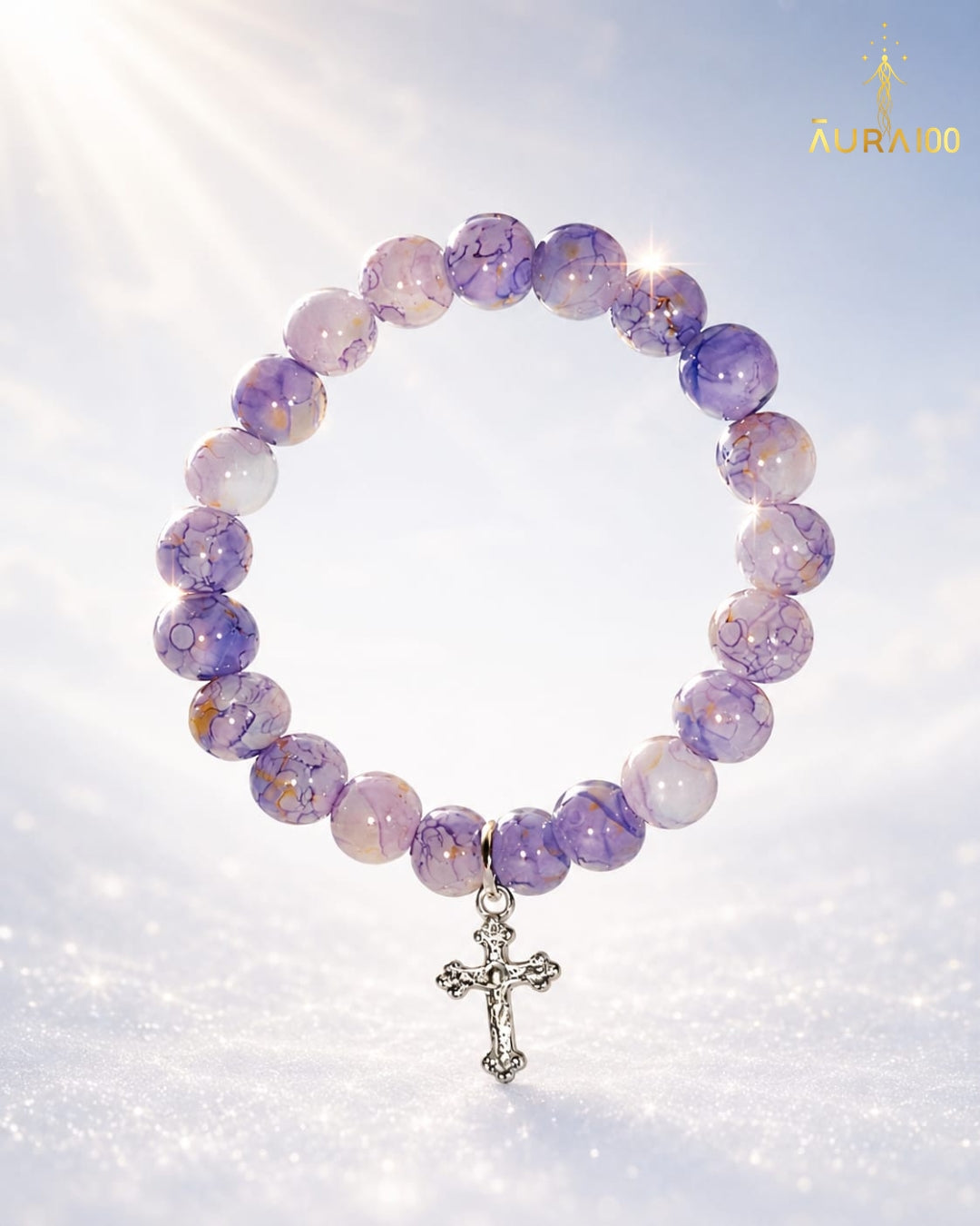 Purple Spotted Sacred Stone Cross Charm Bracelet