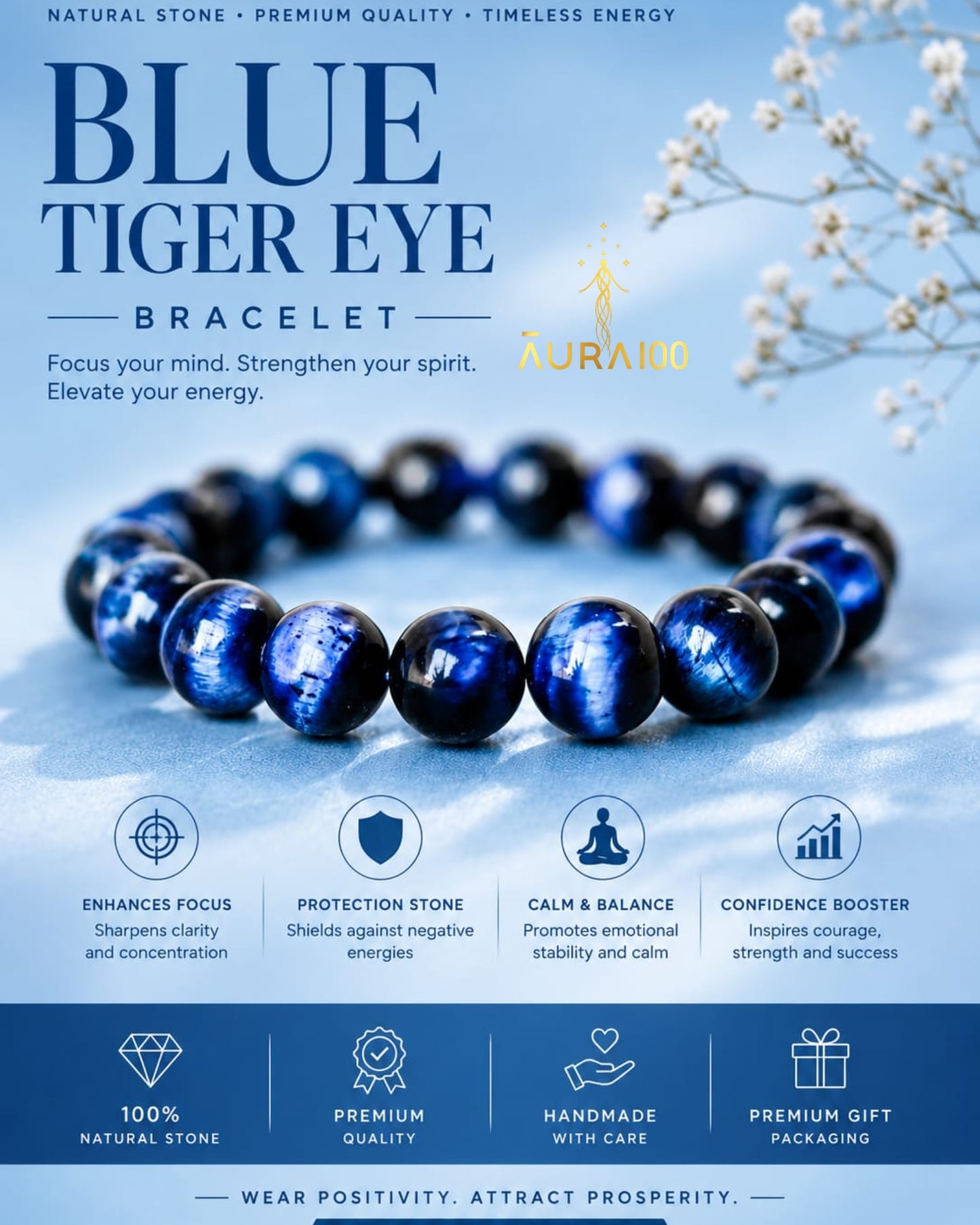 Blue Tiger’s Eye Natural Stone Spiritual Healing Bracelet