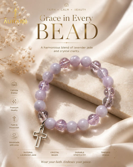Lavender Jade and Crystal Faith Healing Cross Charm Bracelet