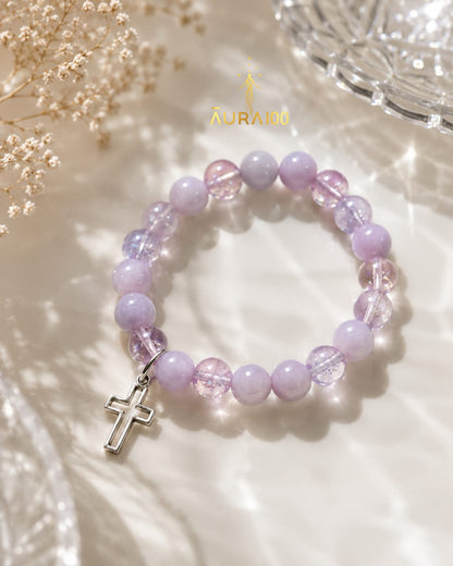 Lavender Jade and Crystal Faith Healing Cross Charm Bracelet