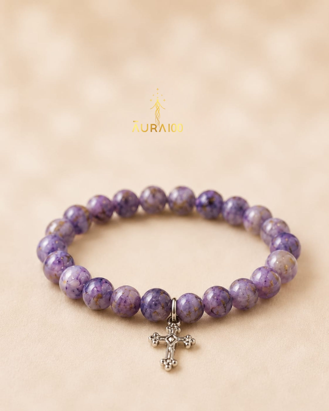 Purple Spotted Sacred Stone Cross Charm Bracelet