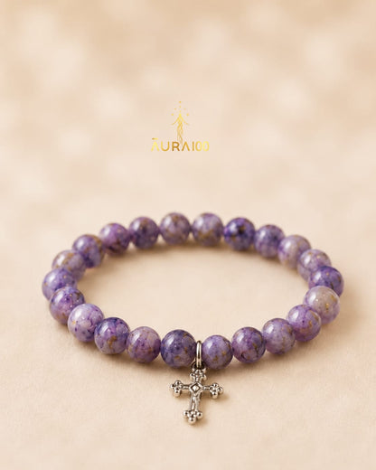 Purple Spotted Sacred Stone Cross Charm Bracelet