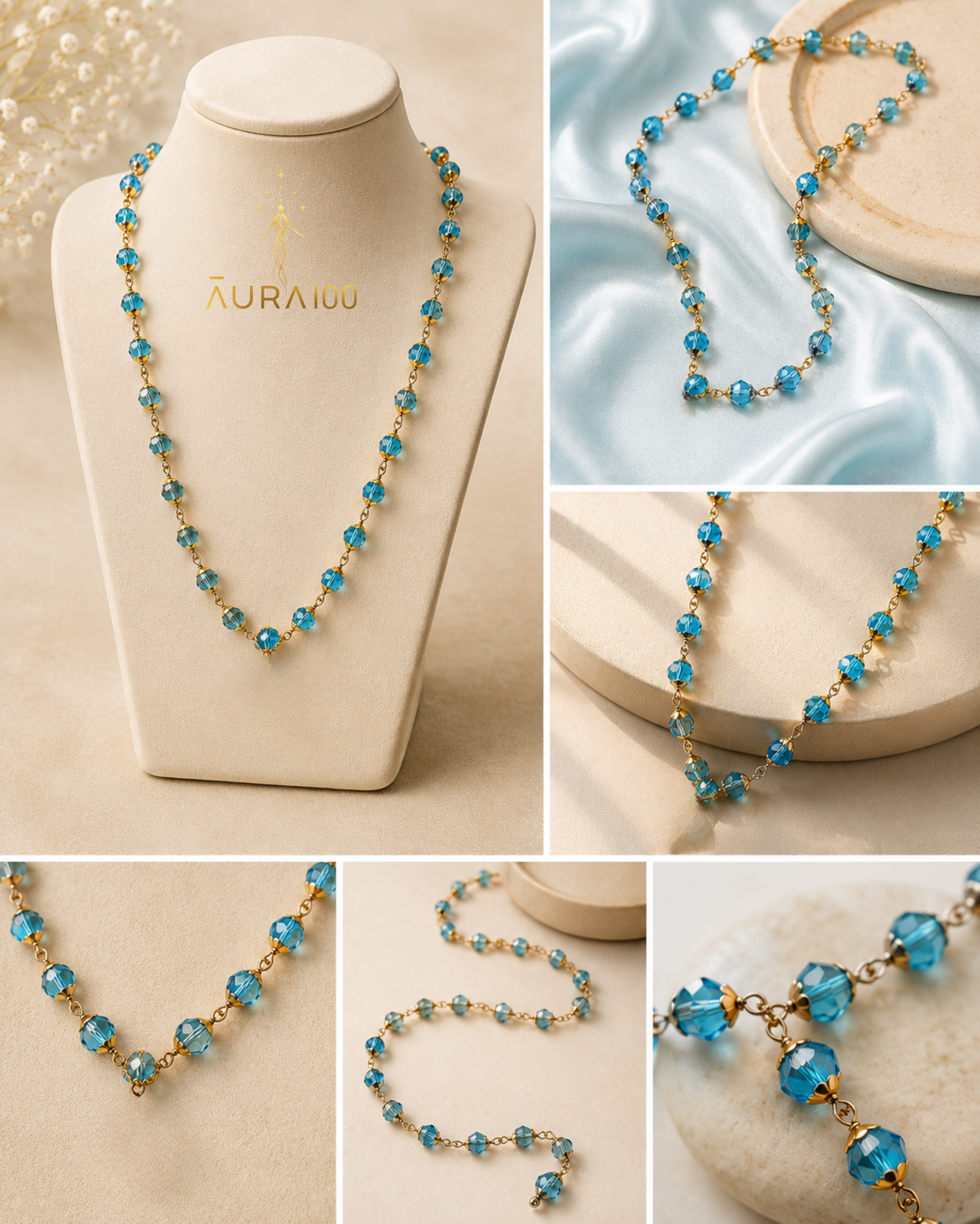 Premium Aquamarine Blue Crystal Spiritual Healing Necklace