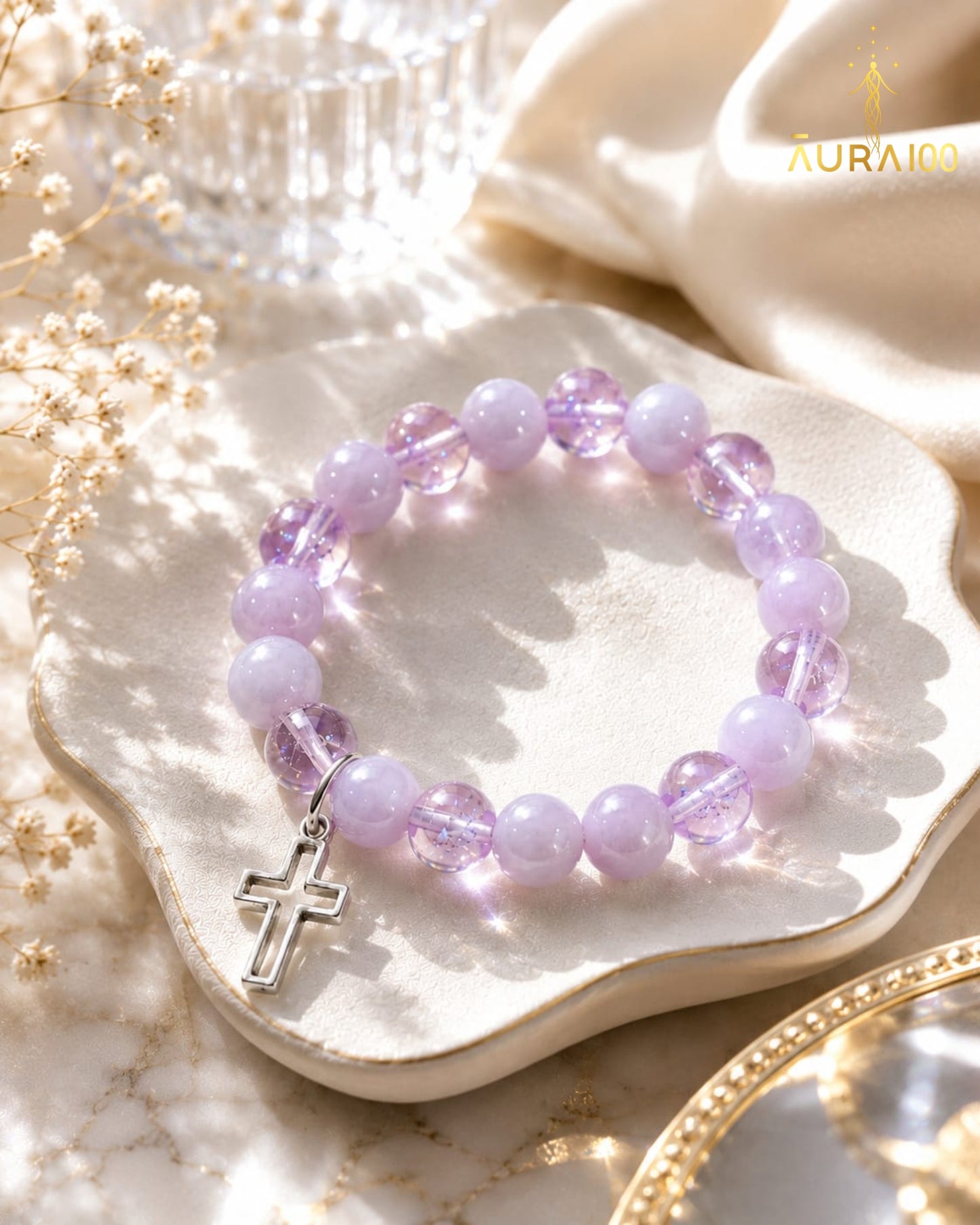 Lavender Jade and Crystal Faith Healing Cross Charm Bracelet