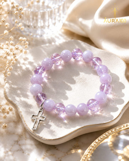 Lavender Jade and Crystal Faith Healing Cross Charm Bracelet