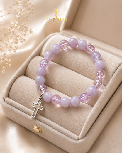 Lavender Jade and Crystal Faith Healing Cross Charm Bracelet