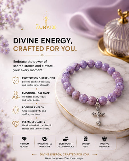 Purple Spotted Sacred Stone Cross Charm Bracelet