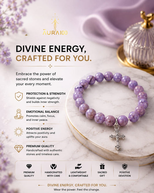 Purple Spotted Sacred Stone Cross Charm Bracelet